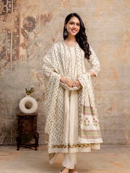Hand Block Printed Pure Cotton Kurta with Trousers & Dupatta Set