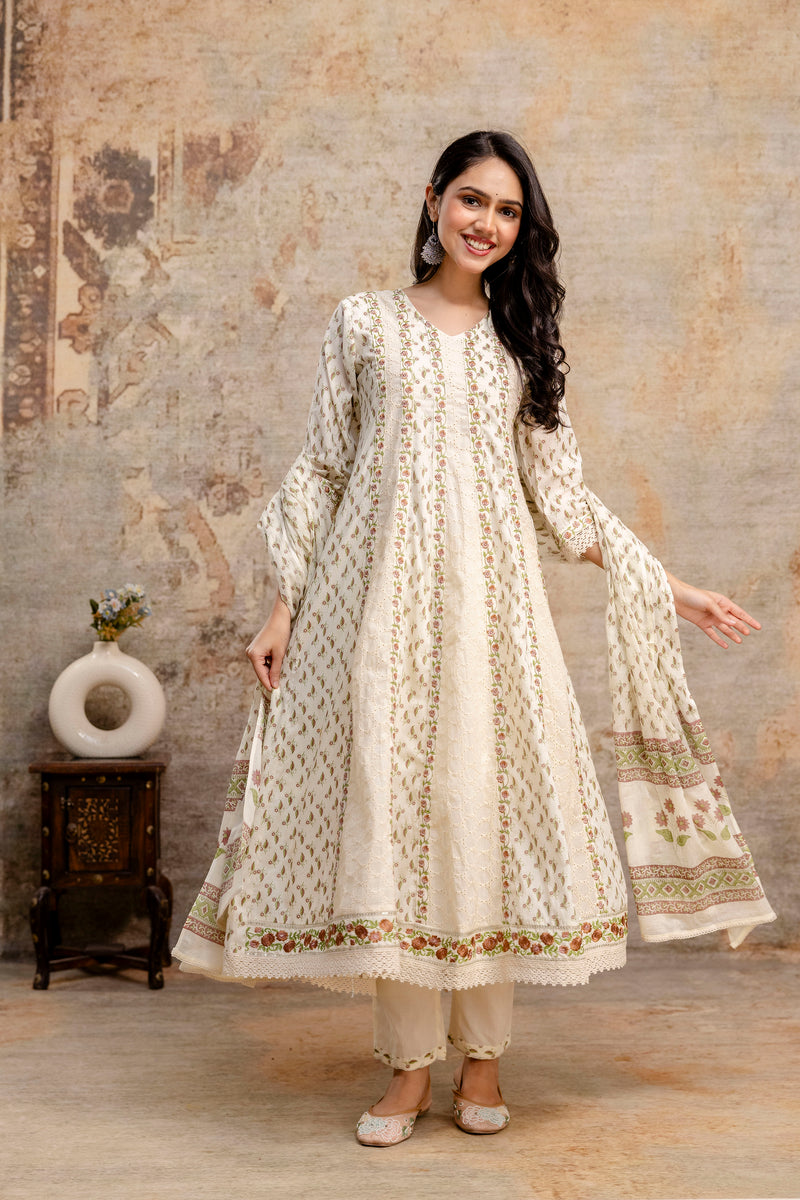 Hand Block Printed Pure Cotton Kurta with Trousers & Dupatta Set