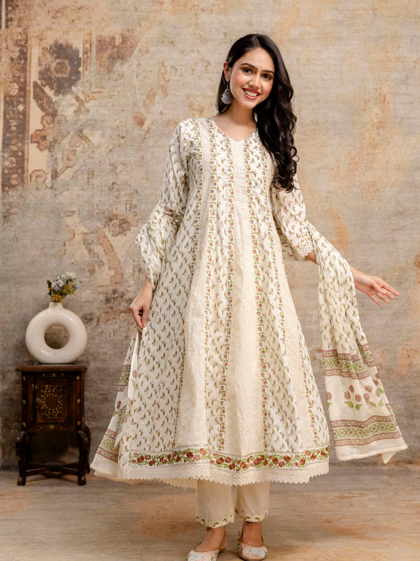 Hand Block Printed Pure Cotton Kurta with Trousers & Dupatta Set