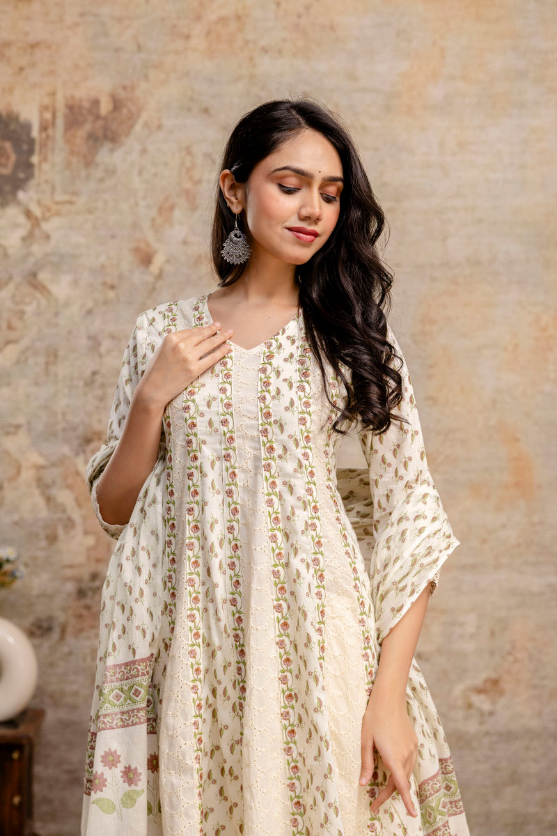 Hand Block Printed Pure Cotton Kurta with Trousers & Dupatta Set