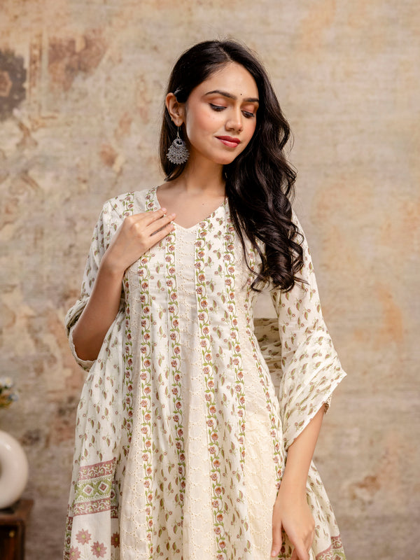 Hand Block Printed Pure Cotton Kurta with Trousers & Dupatta Set