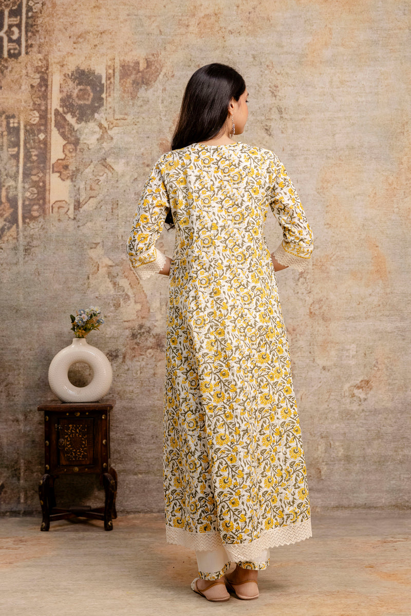 Hand Block Printed Pure Cotton Kurta with Trousers & Dupatta Set