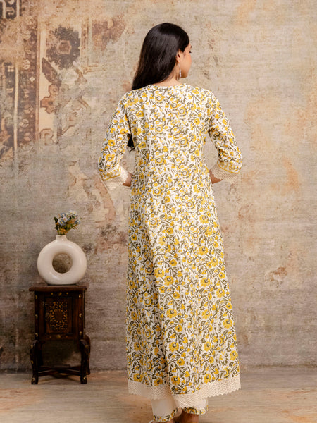 Hand Block Printed Pure Cotton Kurta with Trousers & Dupatta Set