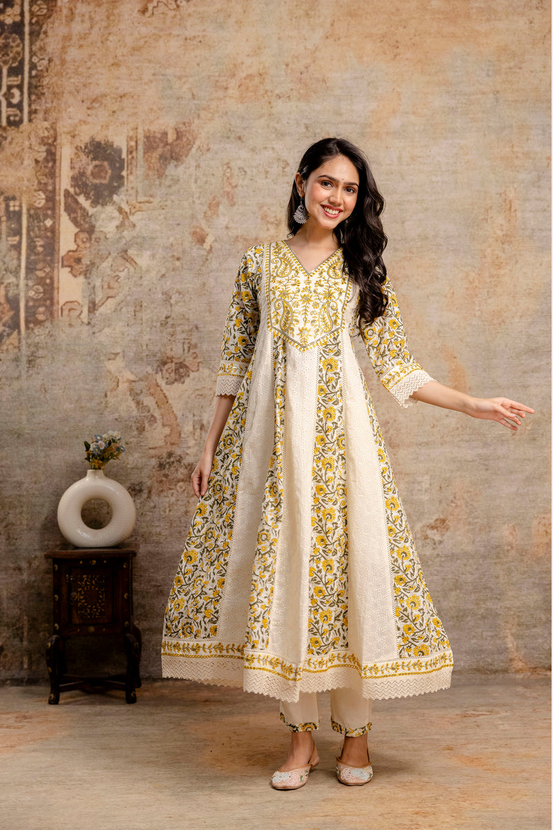 Hand Block Printed Pure Cotton Kurta with Trousers & Dupatta Set