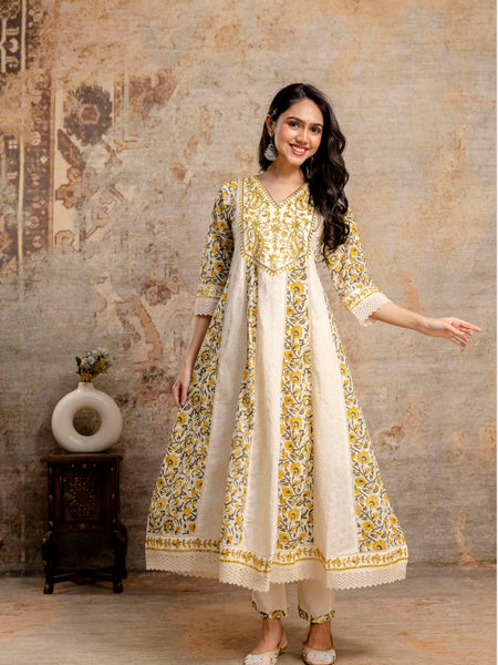 Hand Block Printed Pure Cotton Kurta with Trousers & Dupatta Set