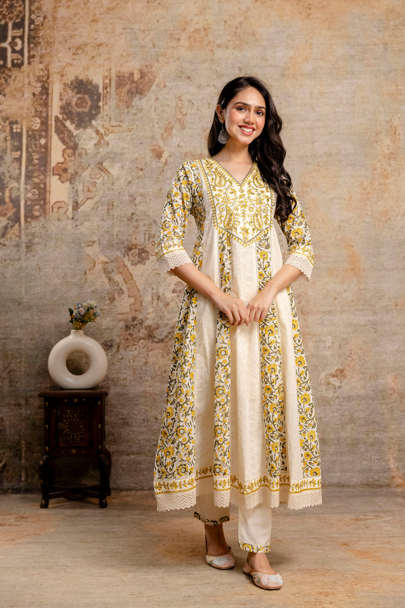 Hand Block Printed Pure Cotton Kurta with Trousers & Dupatta Set