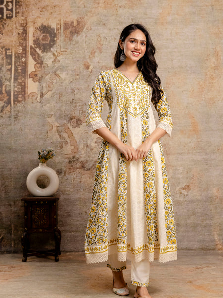 Hand Block Printed Pure Cotton Kurta with Trousers & Dupatta Set