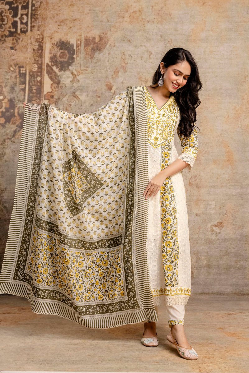 Hand Block Printed Pure Cotton Kurta with Trousers & Dupatta Set