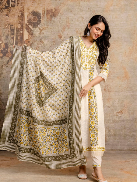 Hand Block Printed Pure Cotton Kurta with Trousers & Dupatta Set
