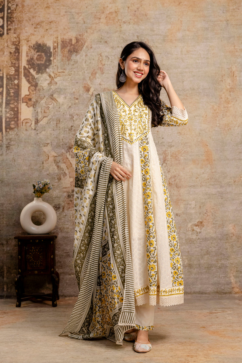 Hand Block Printed Pure Cotton Kurta with Trousers & Dupatta Set