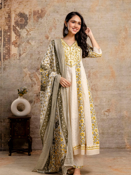 Hand Block Printed Pure Cotton Kurta with Trousers & Dupatta Set