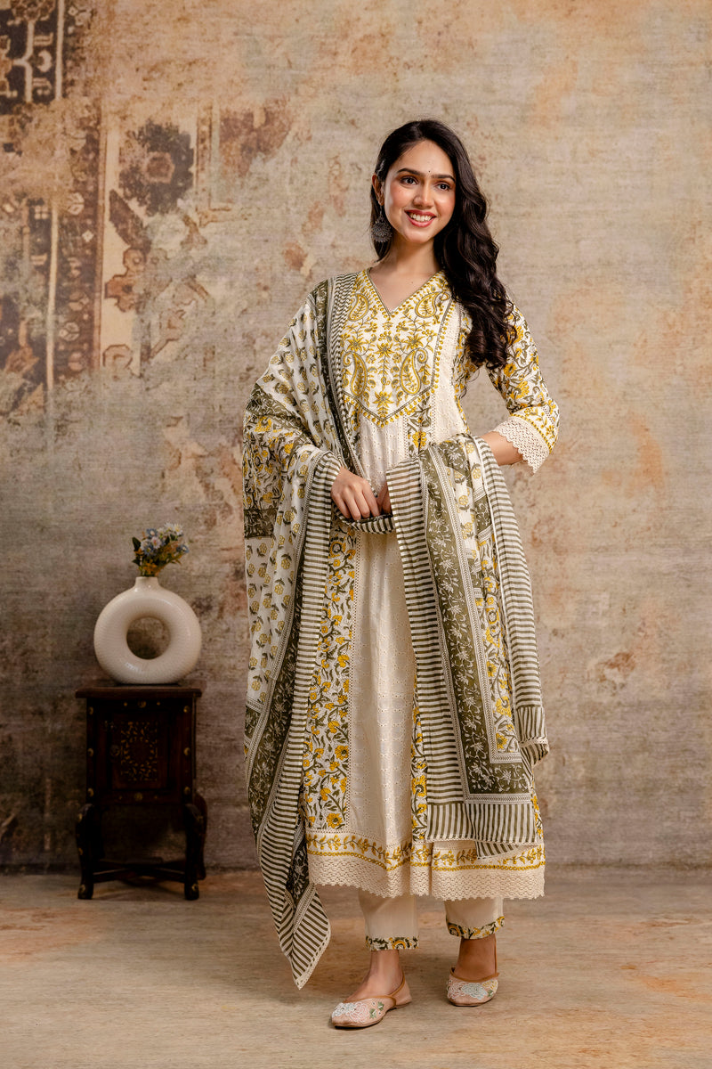 Hand Block Printed Pure Cotton Kurta with Trousers & Dupatta Set