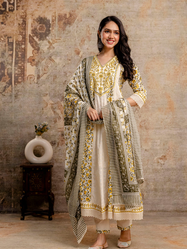 Hand Block Printed Pure Cotton Kurta with Trousers & Dupatta Set