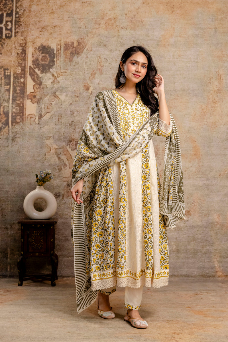 Hand Block Printed Pure Cotton Kurta with Trousers & Dupatta Set