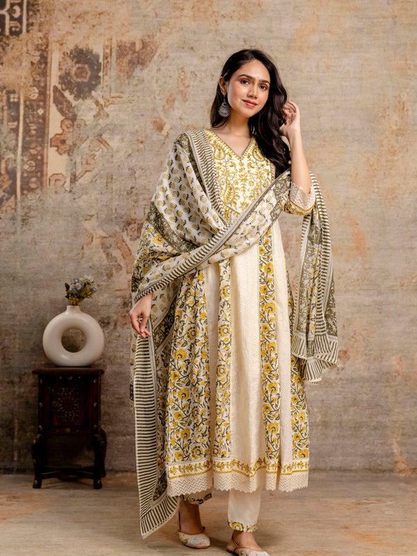 Hand Block Printed Pure Cotton Kurta with Trousers & Dupatta Set