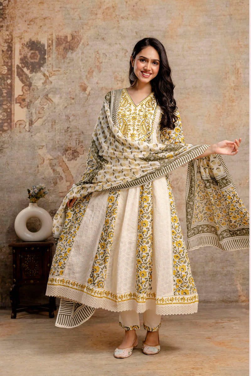 Hand Block Printed Pure Cotton Kurta with Trousers & Dupatta Set