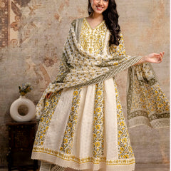 Hand Block Printed Pure Cotton Kurta with Trousers & Dupatta Set