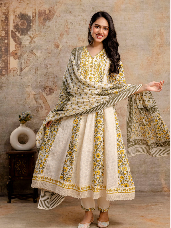 Hand Block Printed Pure Cotton Kurta with Trousers & Dupatta Set