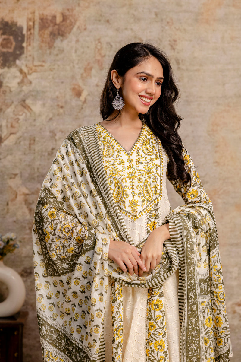 Hand Block Printed Pure Cotton Kurta with Trousers & Dupatta Set