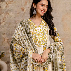 Hand Block Printed Pure Cotton Kurta with Trousers & Dupatta Set