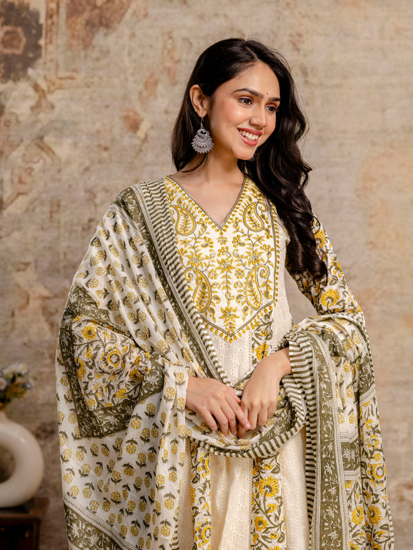 Hand Block Printed Pure Cotton Kurta with Trousers & Dupatta Set