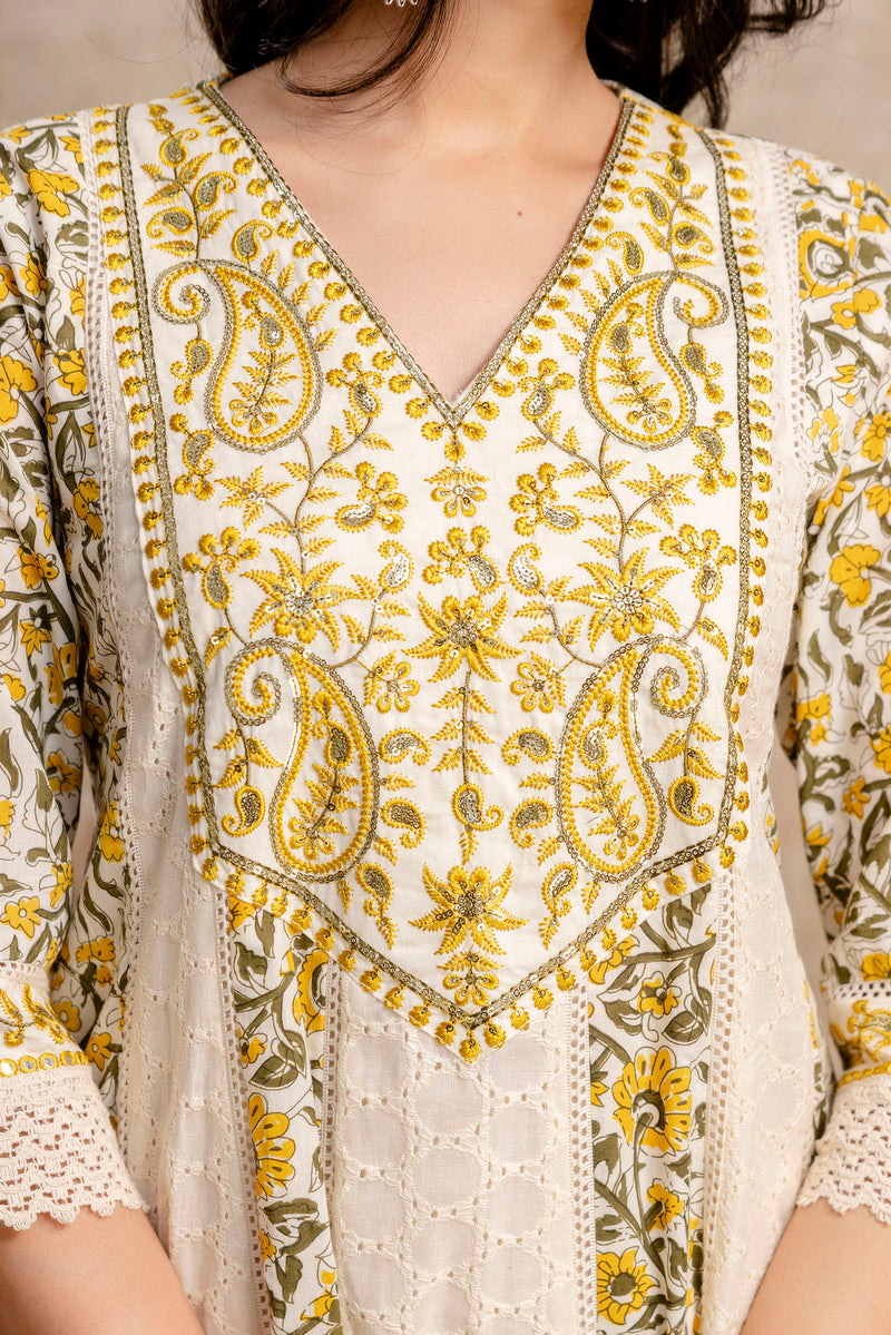 Hand Block Printed Pure Cotton Kurta with Trousers & Dupatta Set