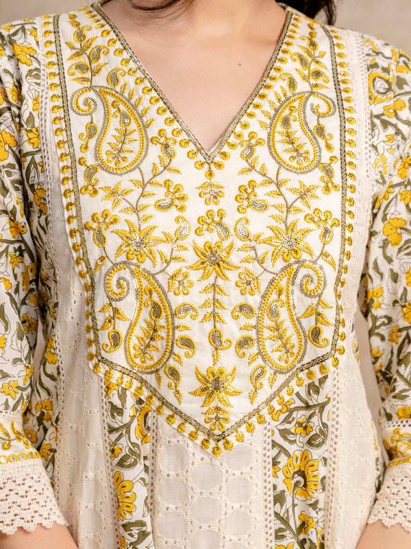 Hand Block Printed Pure Cotton Kurta with Trousers & Dupatta Set