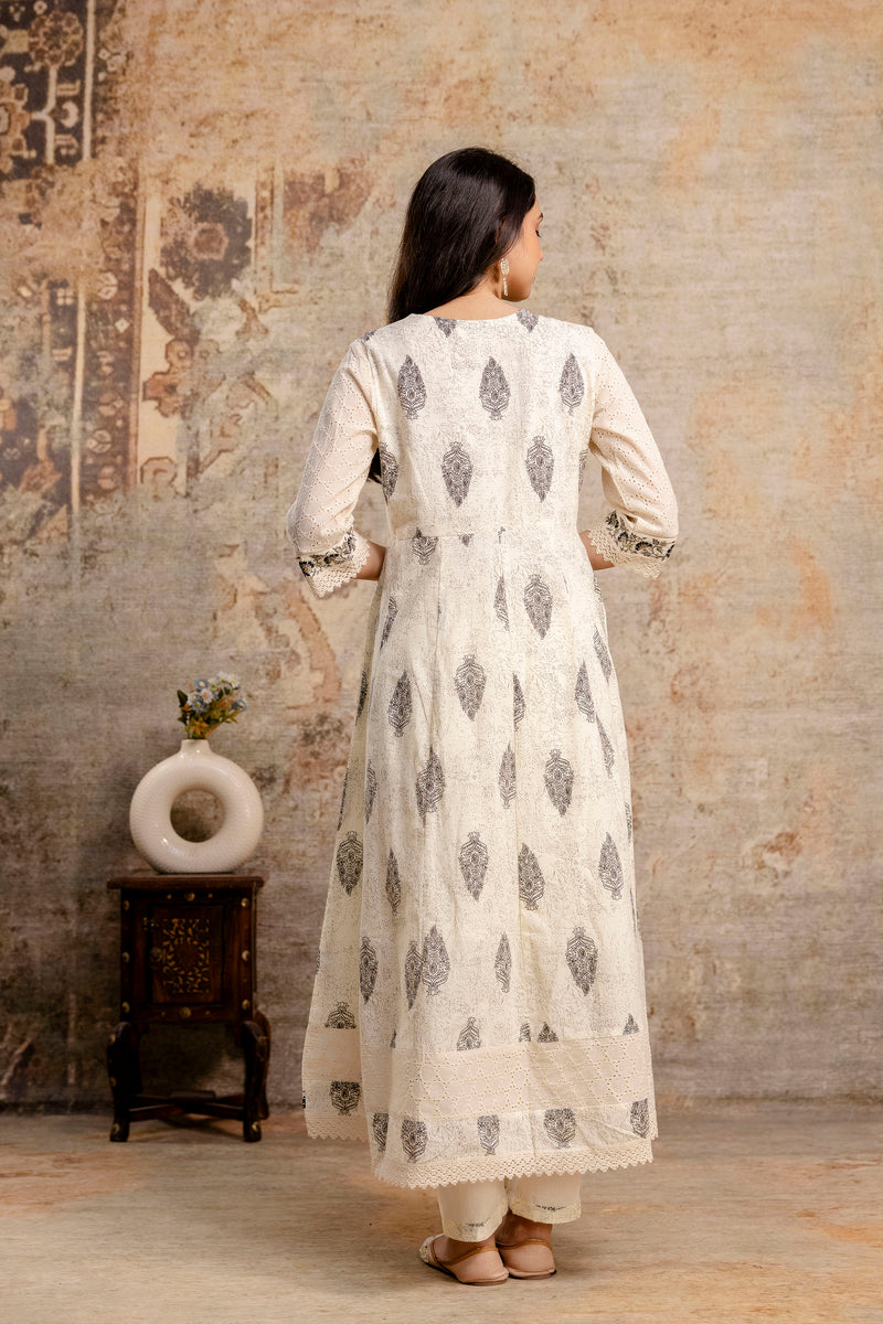 Hand Block Printed Pure Cotton Kurta with Trousers & Dupatta Set