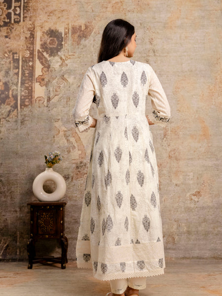 Hand Block Printed Pure Cotton Kurta with Trousers & Dupatta Set