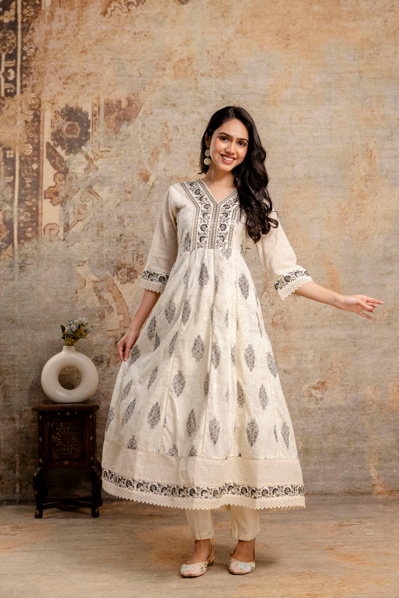 Hand Block Printed Pure Cotton Kurta with Trousers & Dupatta Set