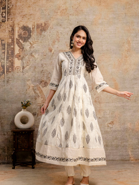 Hand Block Printed Pure Cotton Kurta with Trousers & Dupatta Set