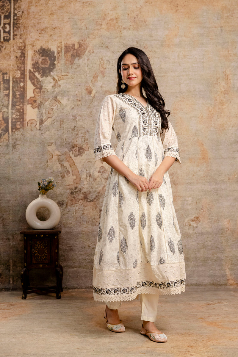 Hand Block Printed Pure Cotton Kurta with Trousers & Dupatta Set