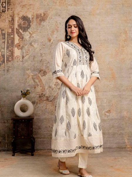 Hand Block Printed Pure Cotton Kurta with Trousers & Dupatta Set