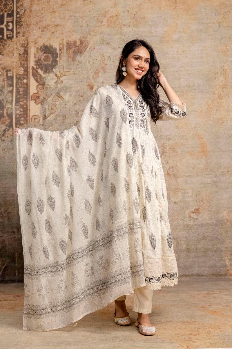 Hand Block Printed Pure Cotton Kurta with Trousers & Dupatta Set