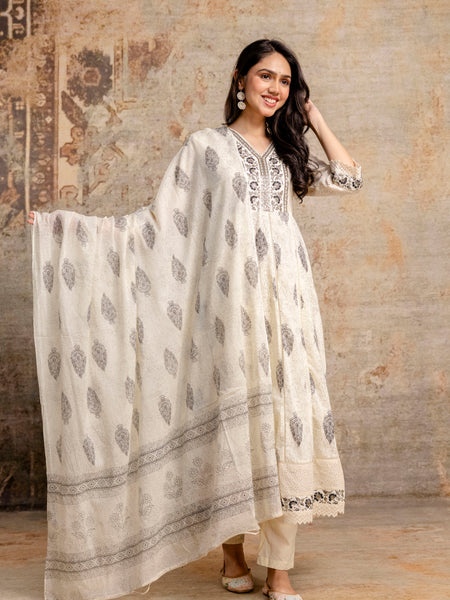 Hand Block Printed Pure Cotton Kurta with Trousers & Dupatta Set