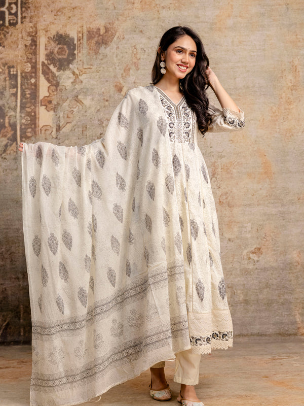 Hand Block Printed Pure Cotton Kurta with Trousers & Dupatta Set