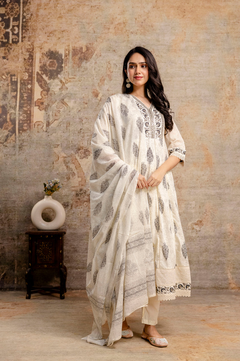 Hand Block Printed Pure Cotton Kurta with Trousers & Dupatta Set