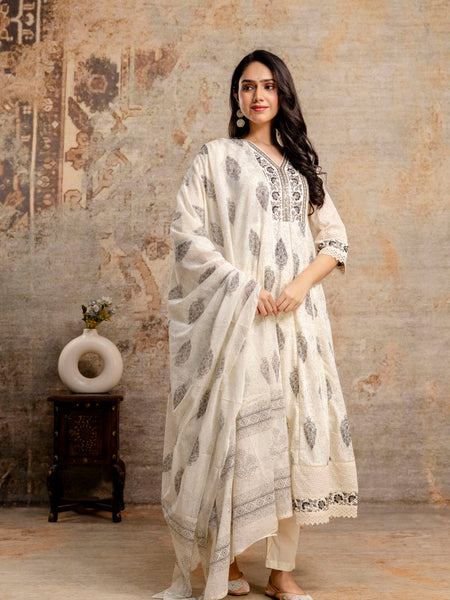 Hand Block Printed Pure Cotton Kurta with Trousers & Dupatta Set
