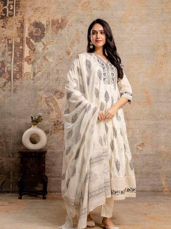 Hand Block Printed Pure Cotton Kurta with Trousers & Dupatta Set