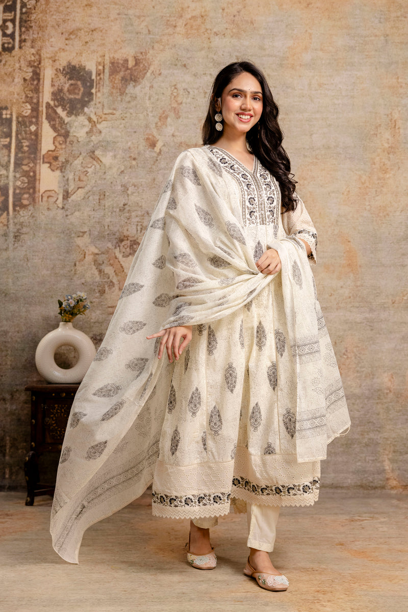 Hand Block Printed Pure Cotton Kurta with Trousers & Dupatta Set