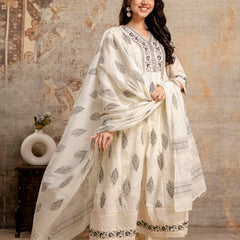 Hand Block Printed Pure Cotton Kurta with Trousers & Dupatta Set