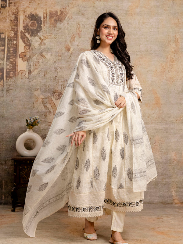 Hand Block Printed Pure Cotton Kurta with Trousers & Dupatta Set