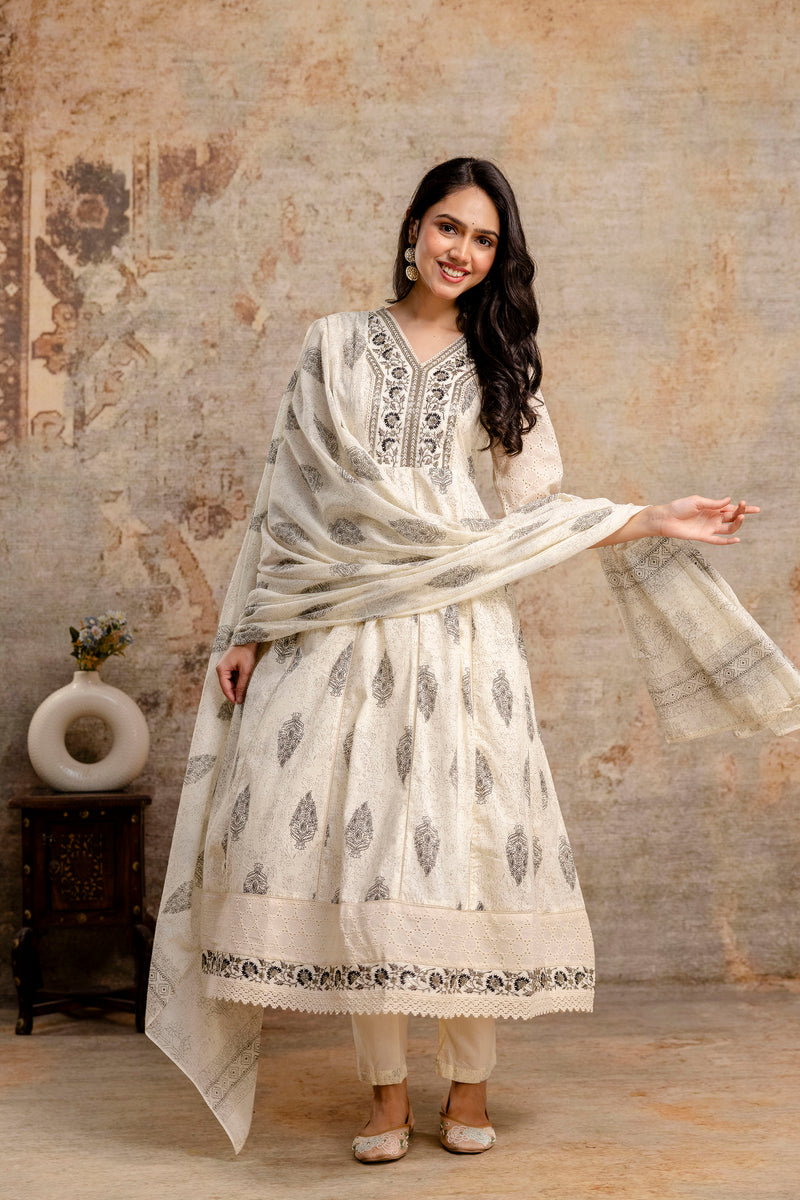 Hand Block Printed Pure Cotton Kurta with Trousers & Dupatta Set