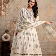Hand Block Printed Pure Cotton Kurta with Trousers & Dupatta Set
