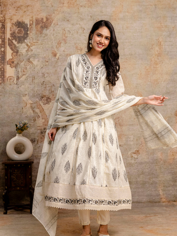 Hand Block Printed Pure Cotton Kurta with Trousers & Dupatta Set