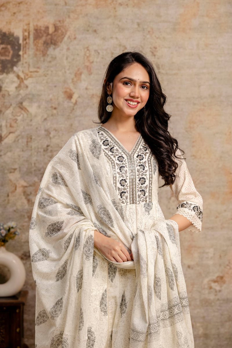 Hand Block Printed Pure Cotton Kurta with Trousers & Dupatta Set