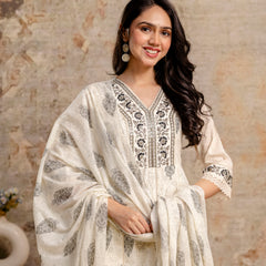 Hand Block Printed Pure Cotton Kurta with Trousers & Dupatta Set