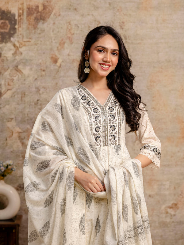 Hand Block Printed Pure Cotton Kurta with Trousers & Dupatta Set