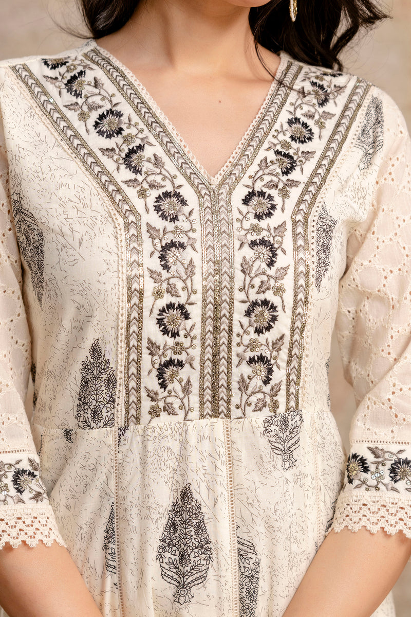 Hand Block Printed Pure Cotton Kurta with Trousers & Dupatta Set