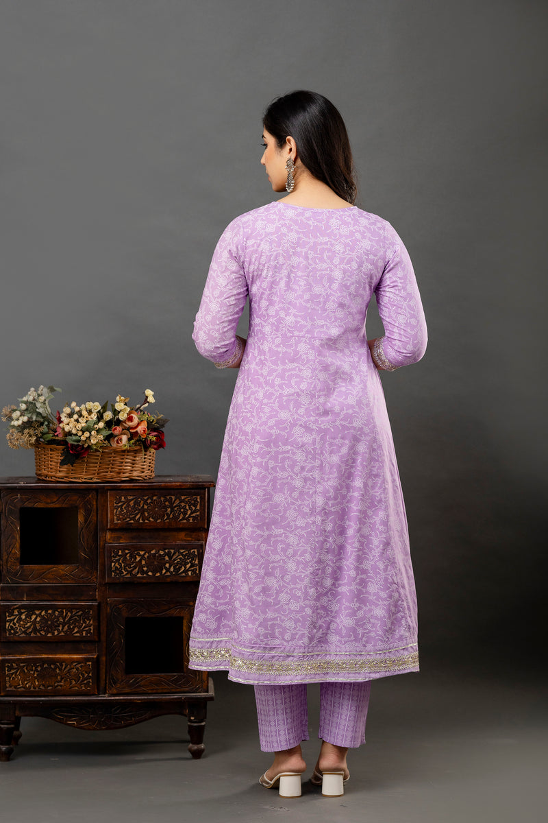 Women Printed Anarkali kurta and pant set with Dupatta
